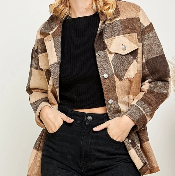 NEW Cozy Oversized Flannel Plaid Shacket Top Jacket Coffee Brown Tan - Picture 6 of 9
